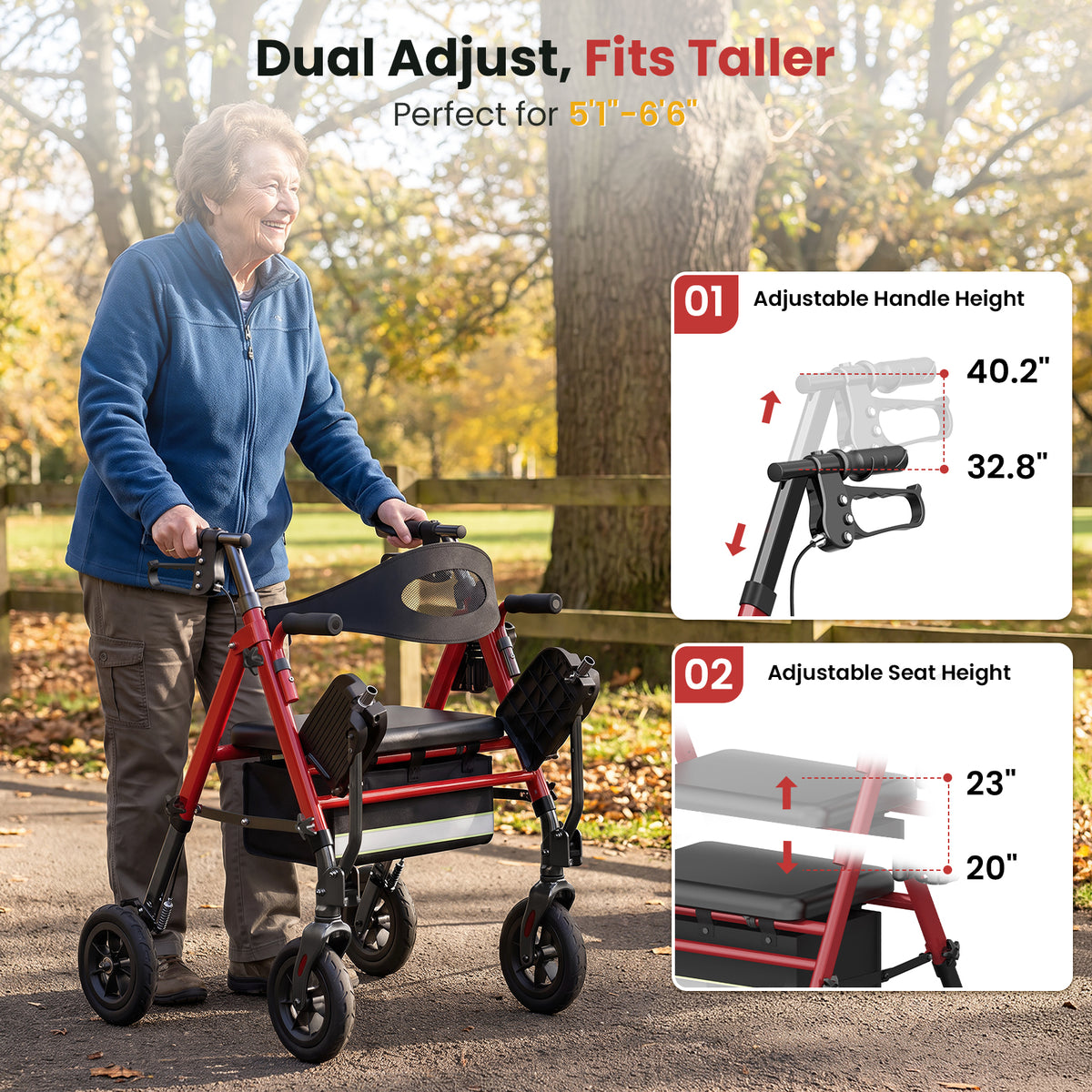 Specared 2 in 1 Rollator Walker Transport Chair with Ultra-Wide 6.5" Breathable Backrest, 8" All-Terrain Foldable Walker, Max 350lbs Red