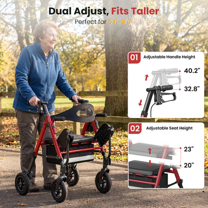 Specared 2 in 1 Rollator Walker Transport Chair with Ultra-Wide 6.5" Breathable Backrest, 8" All-Terrain Foldable Walker, Max 350lbs Red