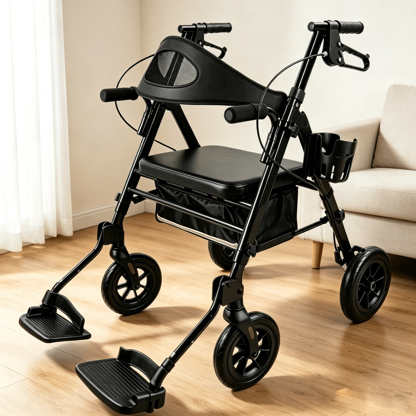 Specared 2 in 1 Rollator Walker Support to 350LBS, 6.5" Ultra-Wide Breathable Backrest Transport Chair, 8" PU Shock-Abs All-Terrain Wheels, Black