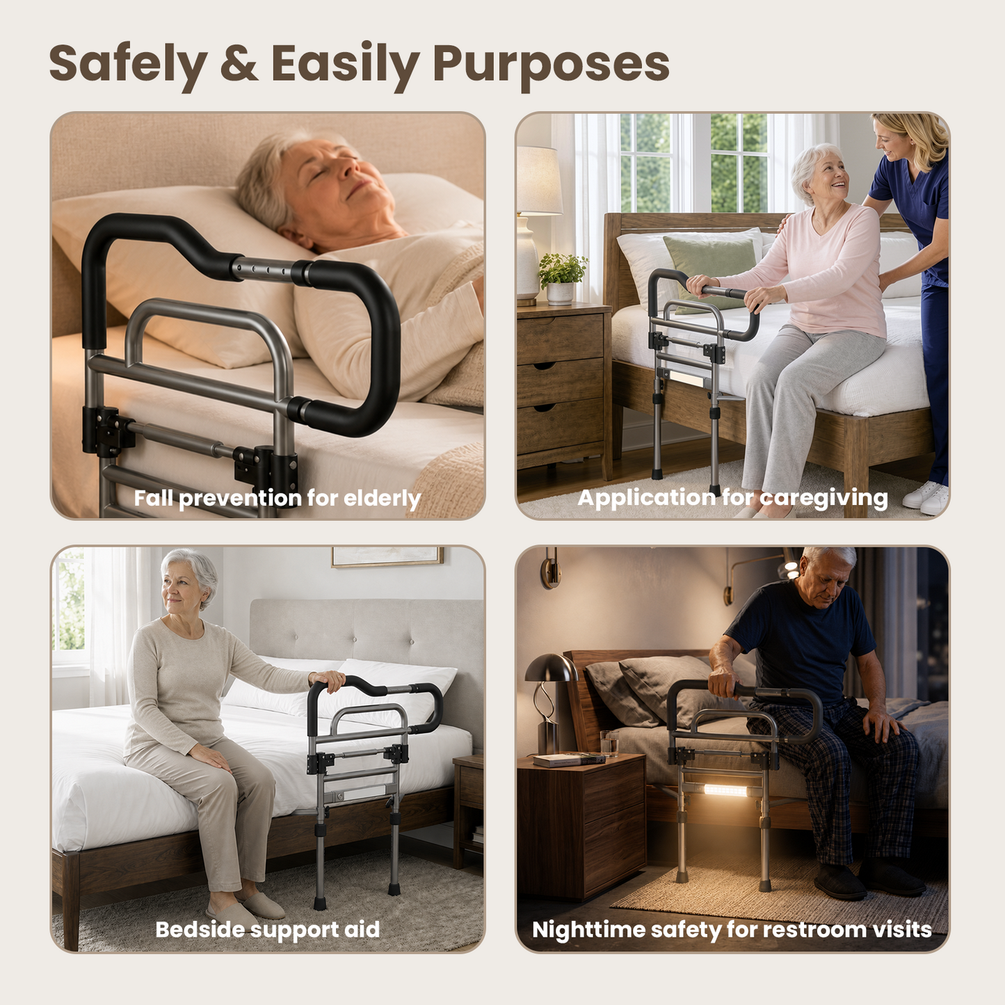 Specared Bed Rails for Elderly Safety, 180° One-Hand Folding Bed Assist Rails for Seniors with Sensor Light, Storage Pocket, Adjustable Height