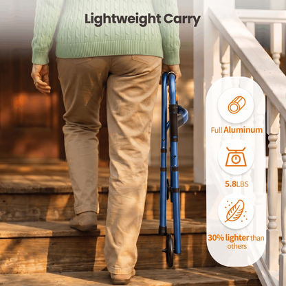 Specared Lightweight Folding Walker with One Hand Quick Fold, 8 Level Height Mobility Aid for Seniors with 300lbs Capacity, Blue