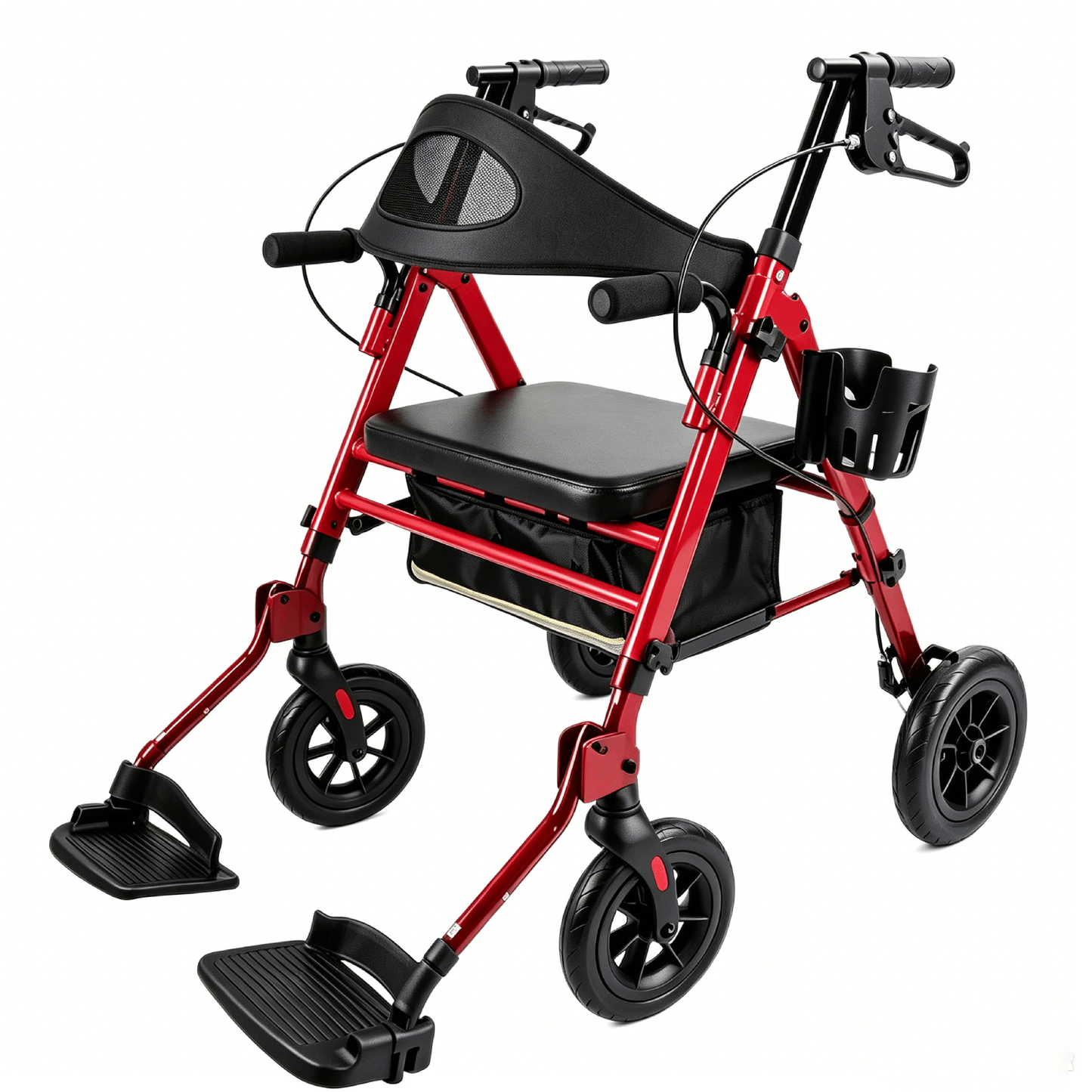 Specared 2 in 1 Rollator Walker with Ultra-Wide Breathable Backrest, 8" PU Shock-Abs All-Terrain Foldable Transport Chair for Senior, Max 350lbs Red