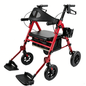 Specared 2 in 1 Rollator Walker with Ultra-Wide Breathable Backrest, 8" PU Shock-Abs All-Terrain Foldable Transport Chair for Senior, Max 350lbs Red