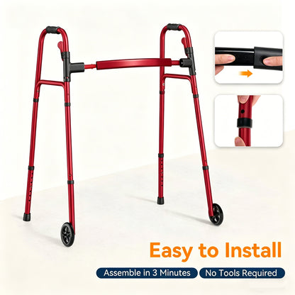 Specared Folding Walker for Seniors, Lightweight Rolling Walker with 8 Height Adjustments, One-Hand Folding, 300lbs Capacity for Elderly Adults and Handicap, Red