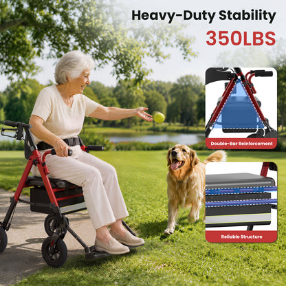 Specared 2 in 1 Rollator Walker Transport Chair with Ultra-Wide 6.5" Breathable Backrest, 8" All-Terrain Foldable Walker, Max 350lbs Red