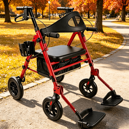 Specared 2 in 1 Rollator Walker Transport Chair, Ultra-Wide Breathable Backrest Foldable Walker, 8" PU Shock-Abs All-Terrain, Max 350lbs Red