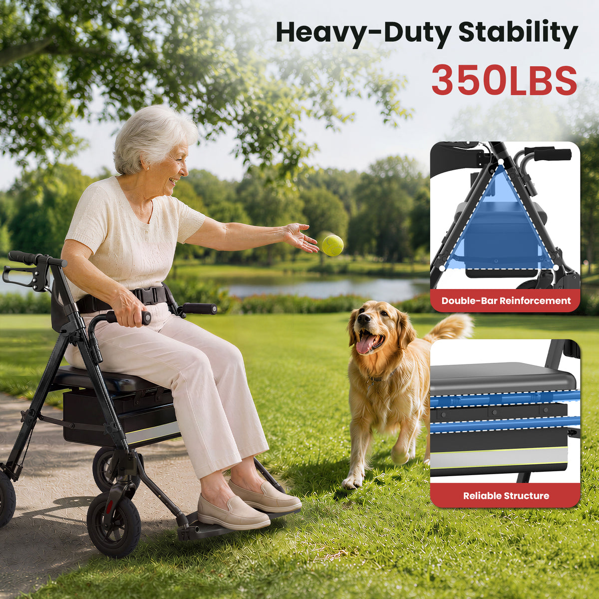 Specared 2 in 1 Rollator Walker for Seniors with 6.5" Ultra-Wide Breathable Backrest, 8" All-Terrain Wheels Transport Chair, Max 350lbs Black