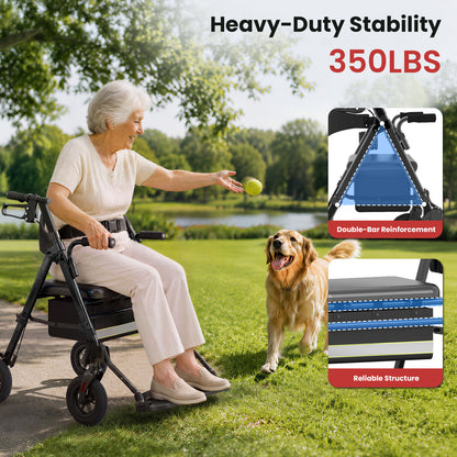 Specared 2 in 1 Rollator Walker for Seniors with 6.5" Ultra-Wide Breathable Backrest, 8" All-Terrain Wheels Transport Chair, Max 350lbs Black