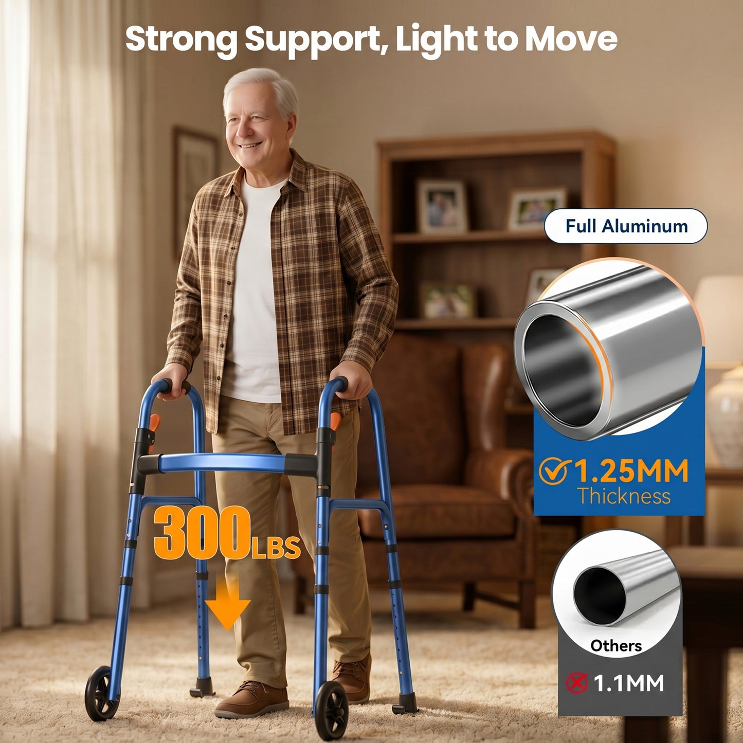 Specared Folding Walker for Seniors, Ultra-Lightweight Rolling Walker with Trigger Release Folding, 8 Levels 300lbs for Adults Handicap, Blue