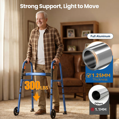 Specared Folding Walker for Seniors, Ultra-Lightweight Rolling Walker with Trigger Release Folding, 8 Levels 300lbs for Adults Handicap, Blue