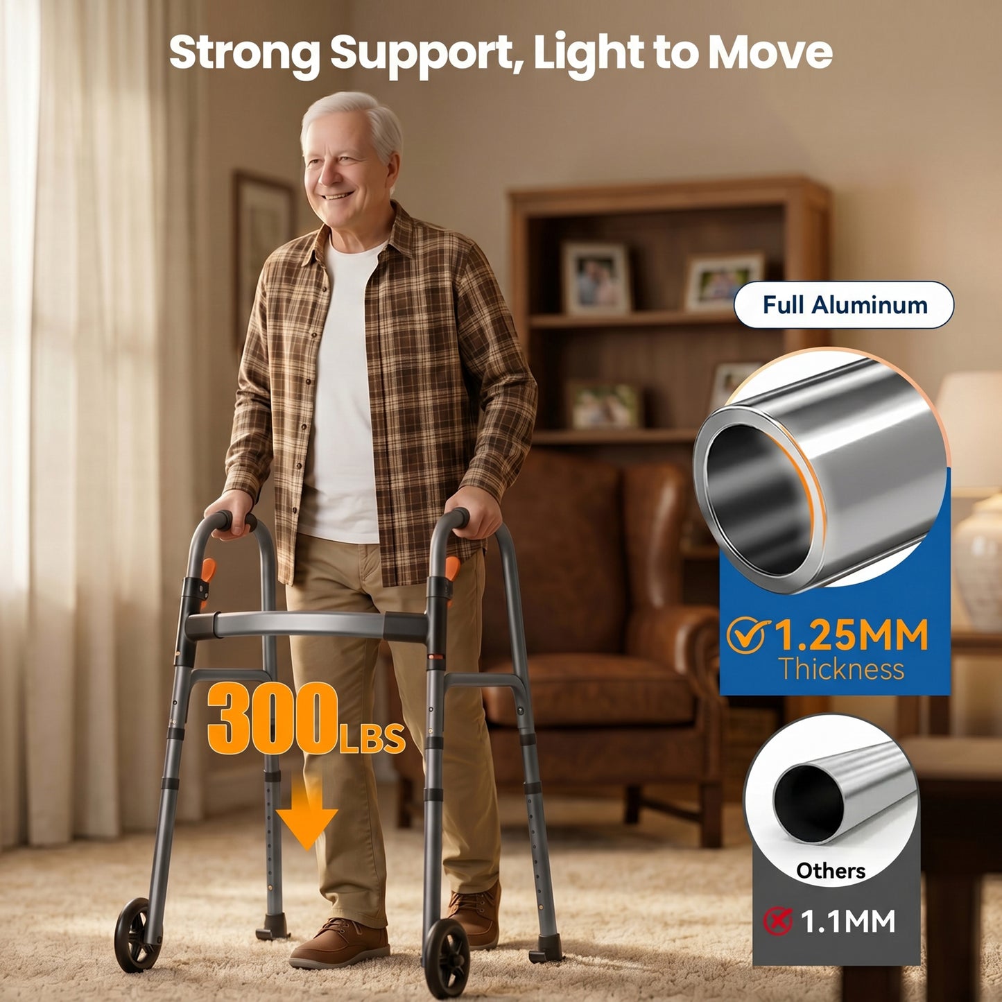 Specared Folding Walker for Seniors, Ultra-Lightweight Rolling Walker with Trigger Release Folding, 8 Levels 300lbs for Adults Handicap, Gray