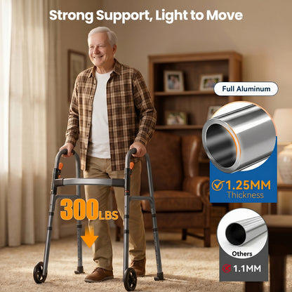 Specared Folding Walker for Seniors, Ultra-Lightweight Rolling Walker with Trigger Release Folding, 8 Levels 300lbs for Adults Handicap, Gray