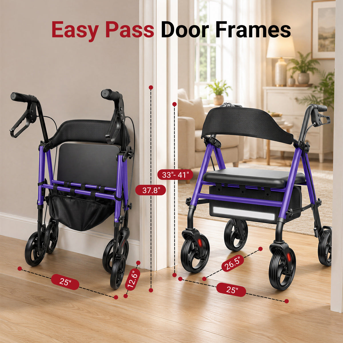 Specared All Terrain Rollator Walker for Seniors, 350lbs Heavy Duty Rolling Walker with 16" Wide Seat, 8" Wheels Storage Bag, Purple