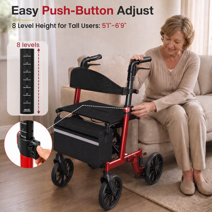 Specared All Terrain Rollator Walker with Shock Absorbers, 18" Widest Seat Ultra-Lightweight Senior Rolling Walker, Hidden Brake Cables 350lbs, Red