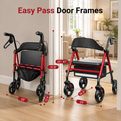 Specared Rollator Walker with Seat, 16" Wide Seat Folding Walker for Seniors, Adjustable Seat Height 350lbs Heavy Duty, Red