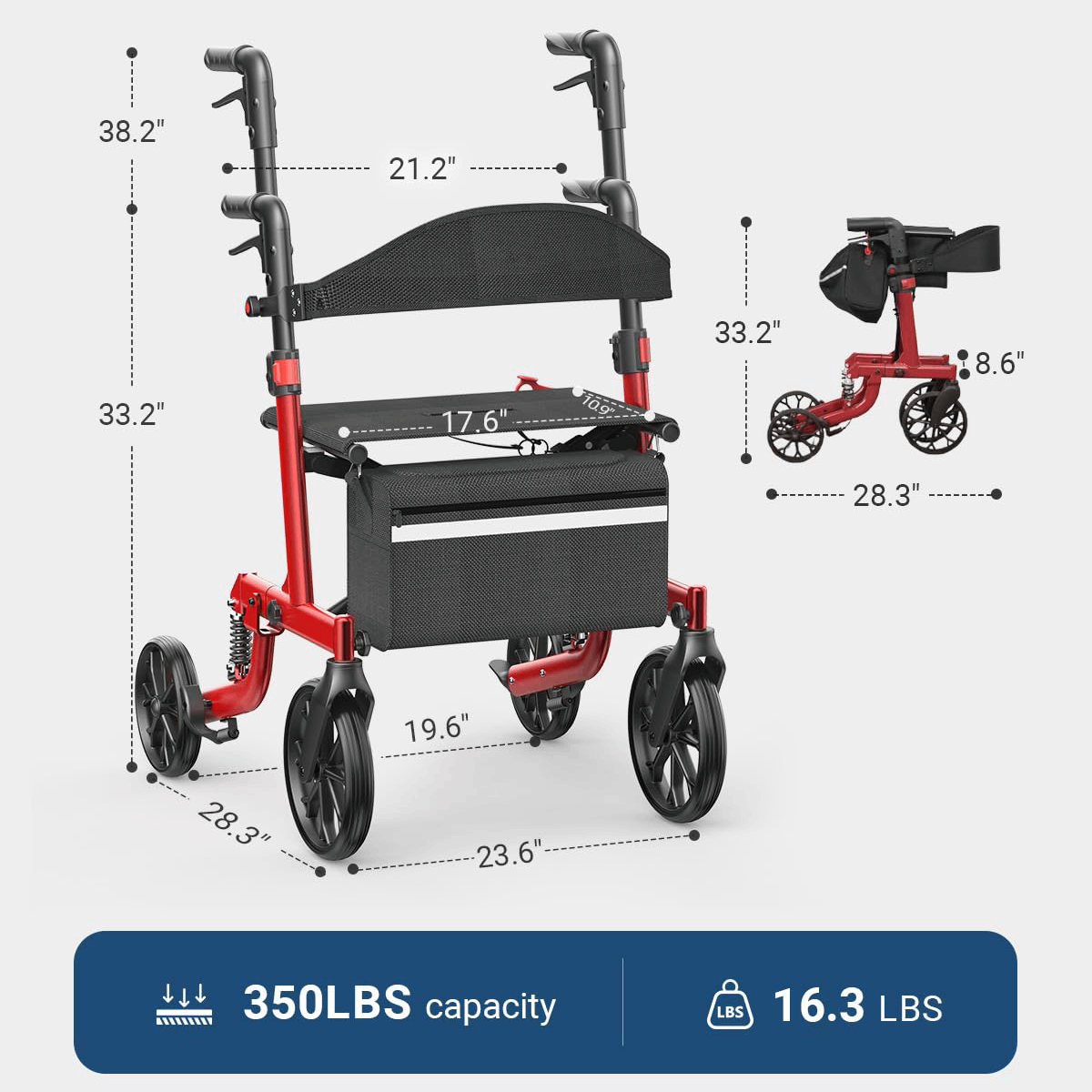 Specared All Terrain Rollator Walker with Seat 350lbs, Shock Absorbers Ultra-Lightweight Senior Rolling Walker, 18" Widest Seat Hidden Cables, Red