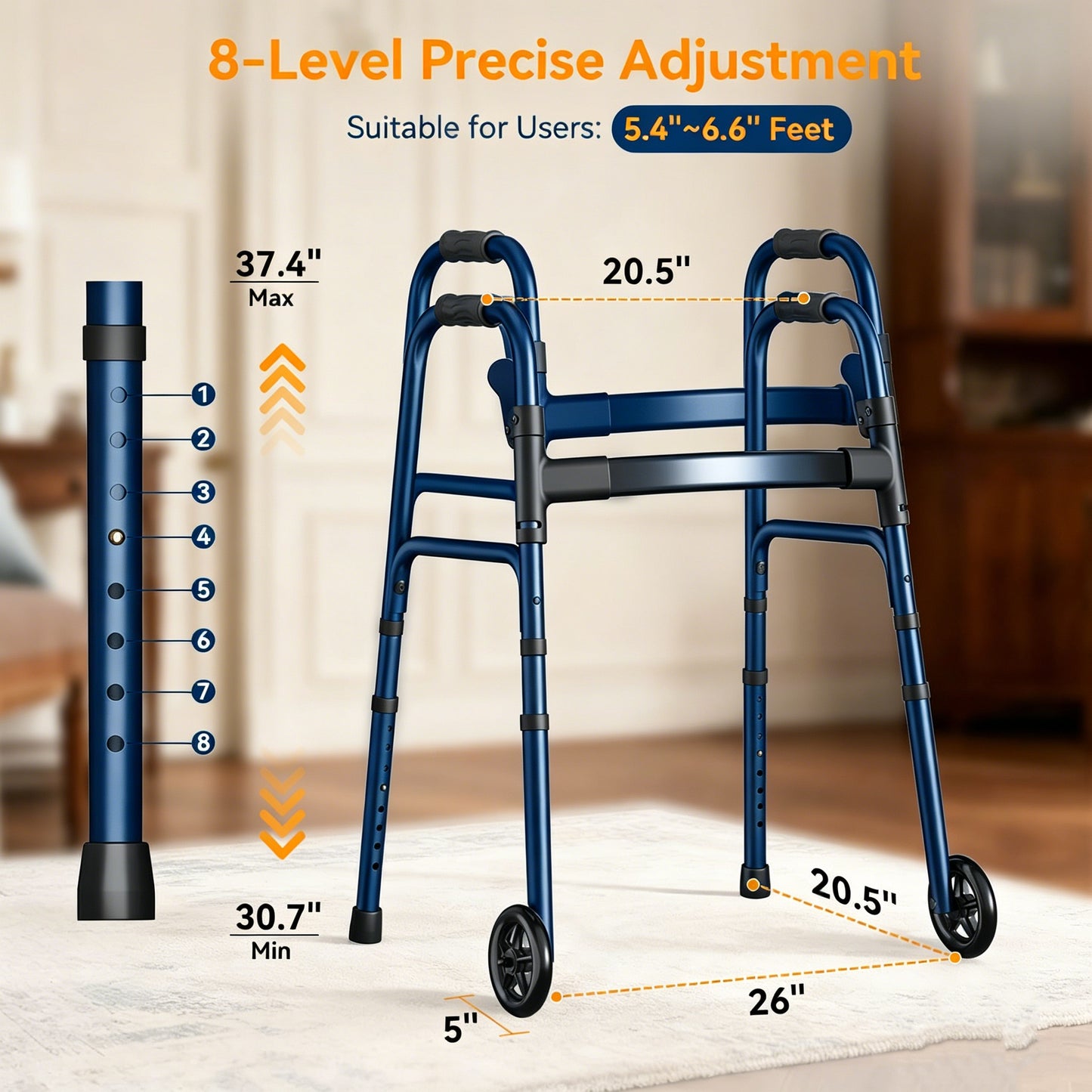 Specared Folding Walker for Seniors, Lightweight Rolling Walker with 8 Height Adjustments, One-Hand Folding, 300lbs Capacity for Elderly Adults and Handicap, Blue