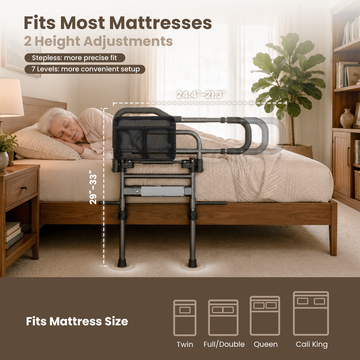 Specared Bed Rails for Elderly Safety, 180° One-Hand Folding Bed Assist Rails for Seniors with Sensor Light, Storage Pocket, Adjustable Height