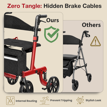 Specared All Terrain Rollator Walker with Shock Absorbers, 18" Widest Seat Ultra-Lightweight Senior Rolling Walker, Hidden Brake Cables 350lbs, Red