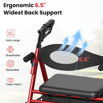 Specared 2 in 1 Rollator Walker Transport Chair with Ultra-Wide 6.5" Breathable Backrest, 8" All-Terrain Foldable Walker, Max 350lbs Red