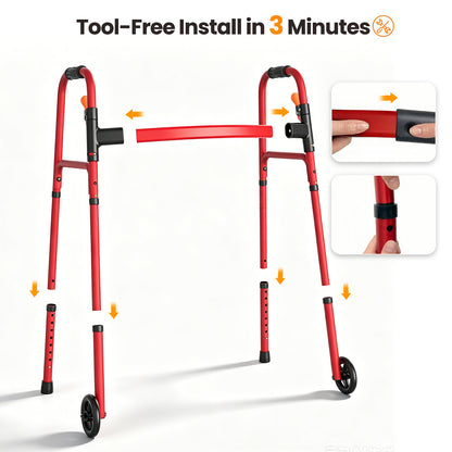 Specared Folding Walker for Seniors, Ultra-Lightweight Rolling Walker with Trigger Release Folding, 8 Levels 300lbs for Adults Handicap, Red