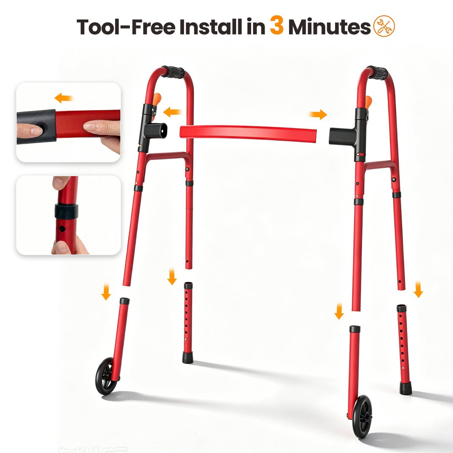 Specared Lightweight Folding Walker with One Hand Quick Fold, 8 Level Height Mobility Aid for Seniors with 300lbs Capacity, Red
