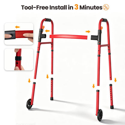 Specared Lightweight Folding Walker with One Hand Quick Fold, 8 Level Height Mobility Aid for Seniors with 300lbs Capacity, Red