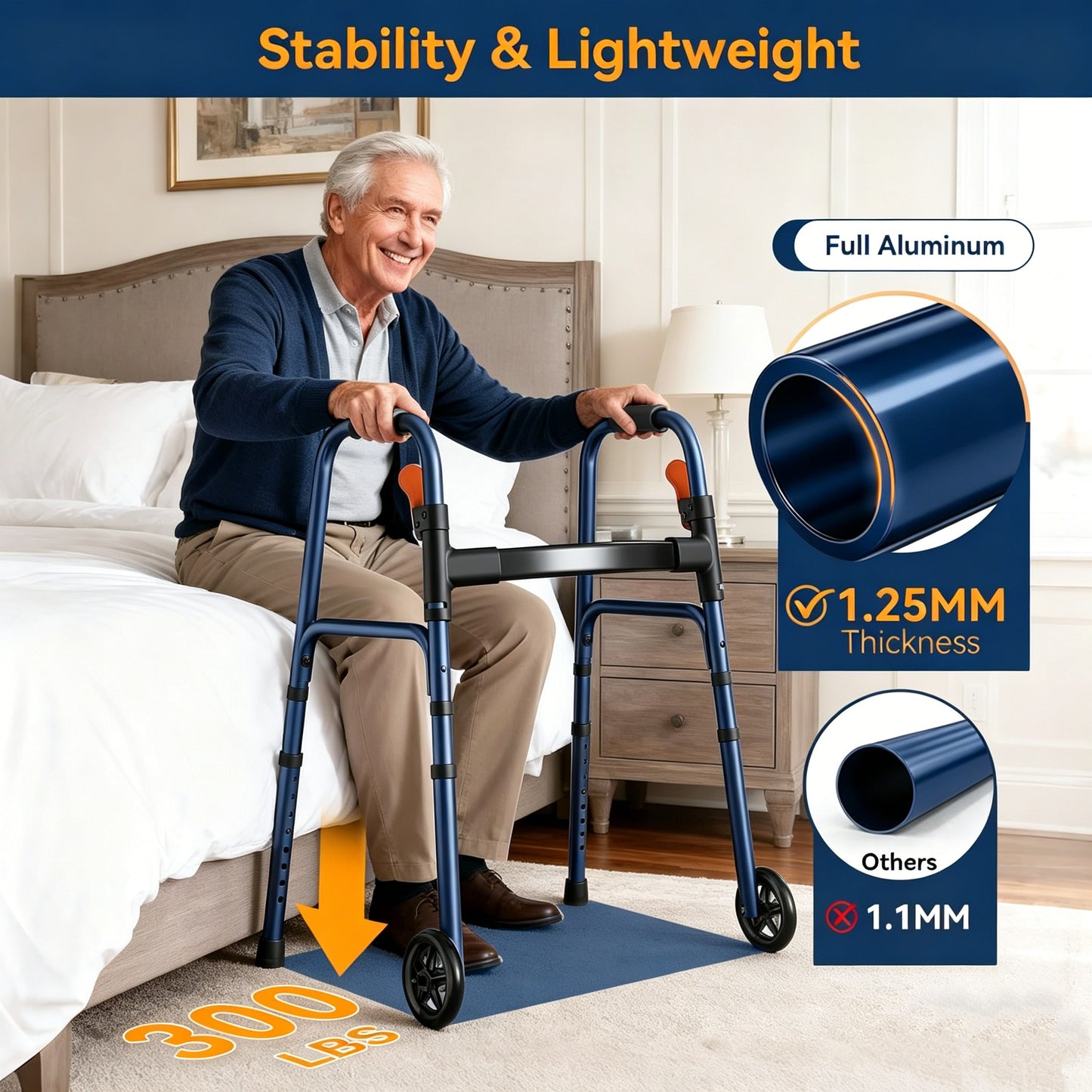Specared Folding Walker for Seniors, Lightweight Rolling Walker with 8 Height Adjustments, One-Hand Folding, 300lbs Capacity for Elderly Adults and Handicap, Blue