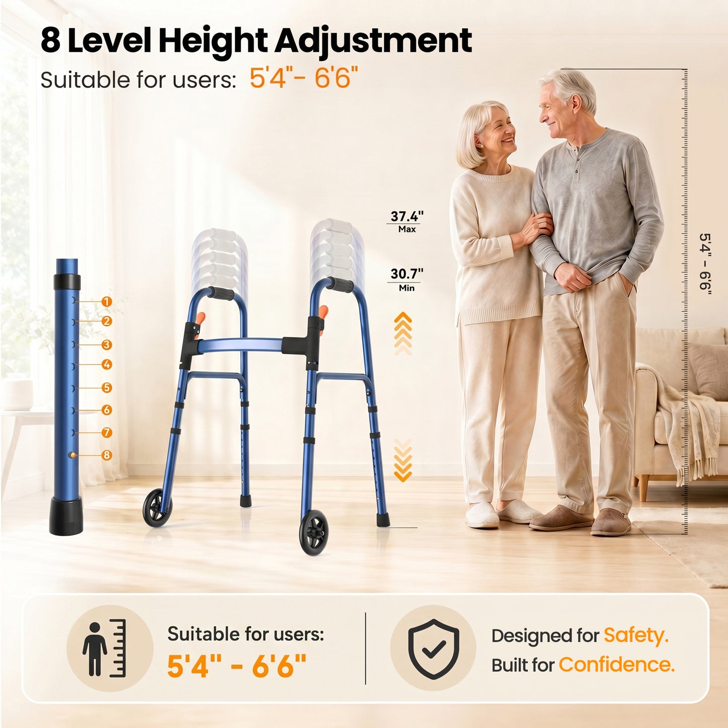 Specared Folding Walker for Seniors, Ultra-Lightweight Rolling Walker with Trigger Release Folding, 8 Levels 300lbs for Adults Handicap, Blue