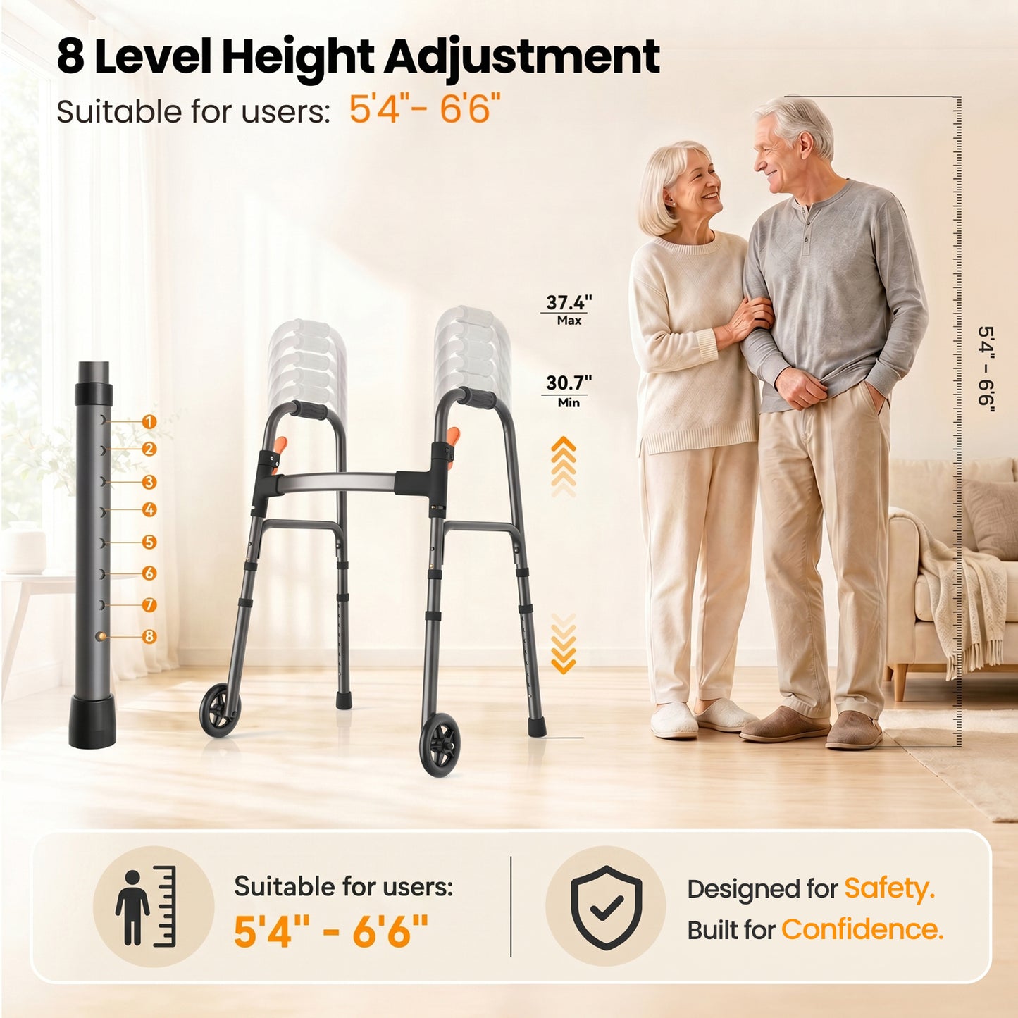 Specared Folding Walker for Seniors, Ultra-Lightweight Rolling Walker with Trigger Release Folding, 8 Levels 300lbs for Adults Handicap, Gray