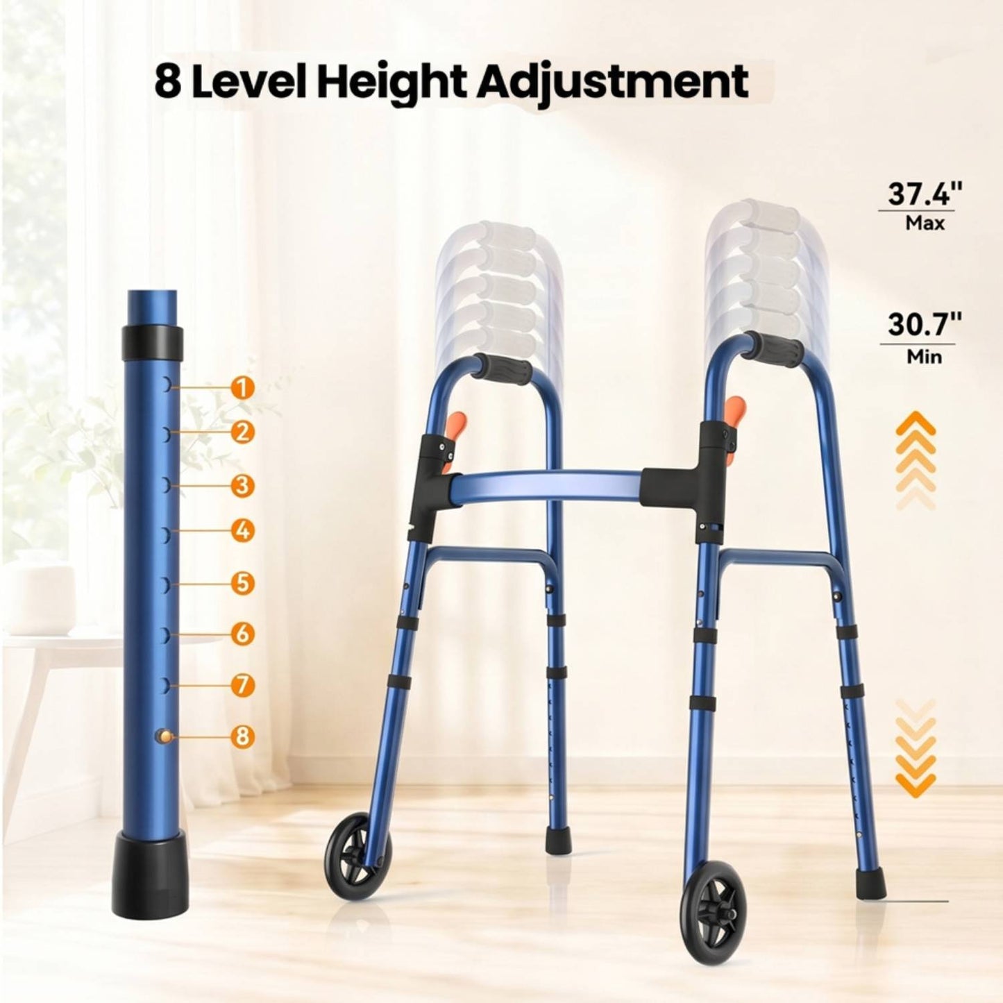 Specared Lightweight Folding Walker with One Hand Quick Fold, 8 Level Height Mobility Aid for Seniors with 300lbs Capacity, Blue