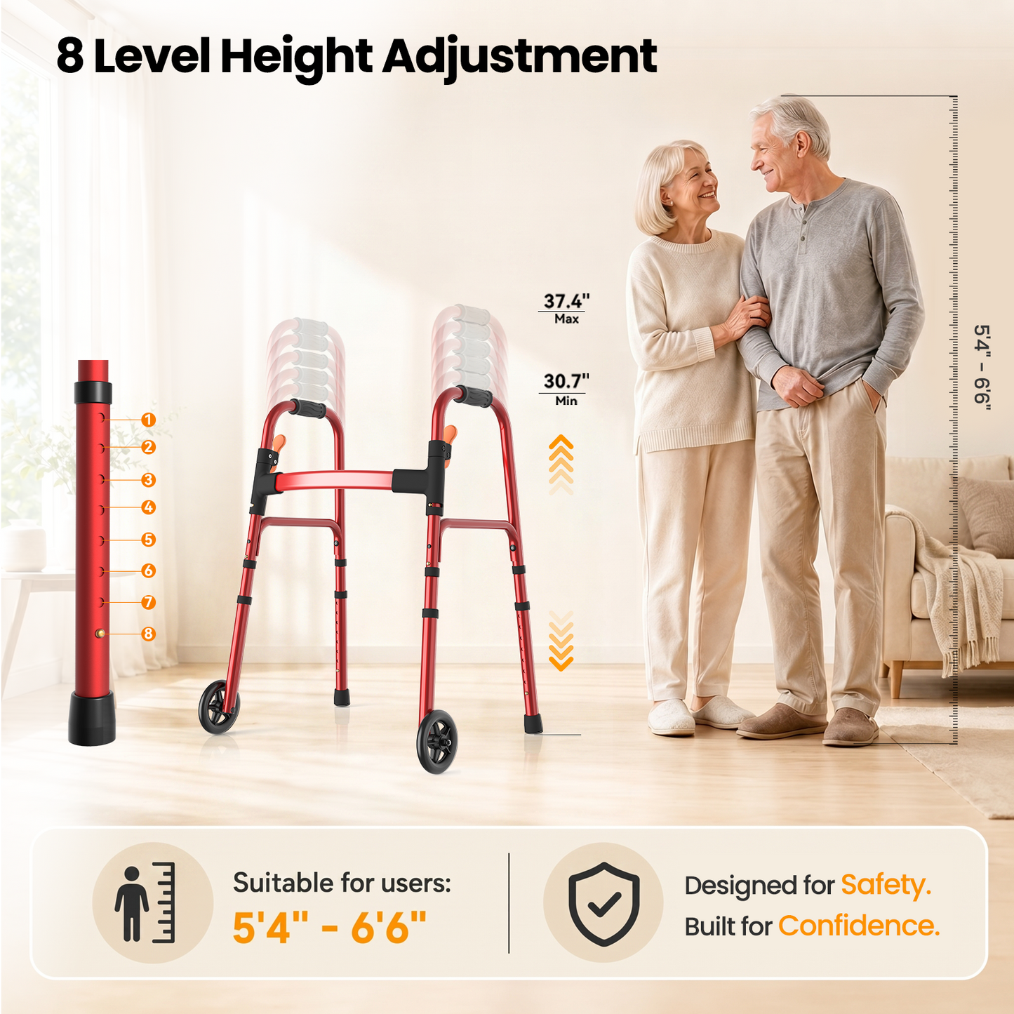 Specared Folding Walker for Seniors, Ultra-Lightweight Rolling Walker with Trigger Release Folding, 8 Levels 300lbs for Adults Handicap, Red