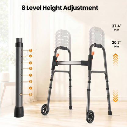 Specared Lightweight Folding Walker with One Hand Quick Fold, 8 Level Height Mobility Aid for Seniors with 300lbs Capacity, Gray