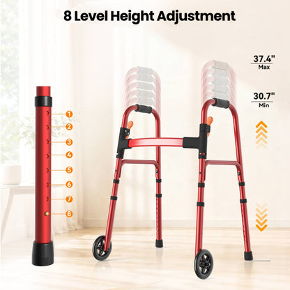 Specared Lightweight Folding Walker with One Hand Quick Fold, 8 Level Height Mobility Aid for Seniors with 300lbs Capacity, Red