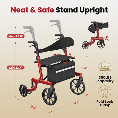 Specared All Terrain Rollator Walker with Shock Absorbers, 18" Widest Seat Ultra-Lightweight Senior Rolling Walker, Hidden Brake Cables 350lbs, Red