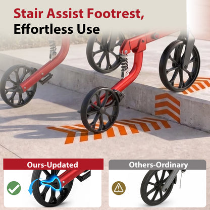 Specared All Terrain Rollator Walker with Shock Absorbers, 18" Widest Seat Ultra-Lightweight Senior Rolling Walker, Hidden Brake Cables 350lbs, Red