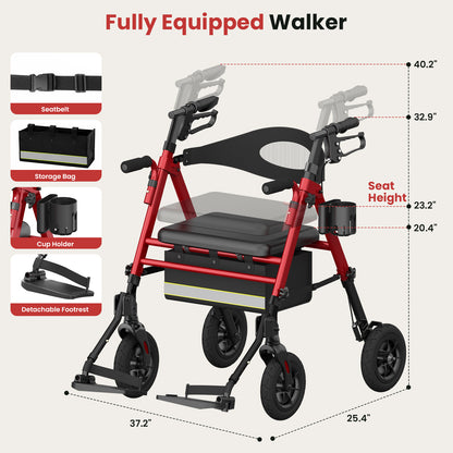 Specared 2 in 1 Rollator Walker Transport Chair with Ultra-Wide 6.5" Breathable Backrest, 8" All-Terrain Foldable Walker, Max 350lbs Red