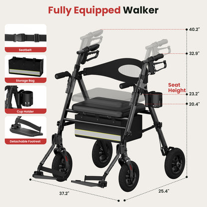 Specared 2 in 1 Rollator Walker for Seniors with 6.5" Ultra-Wide Breathable Backrest, 8" All-Terrain Wheels Transport Chair, Max 350lbs Black