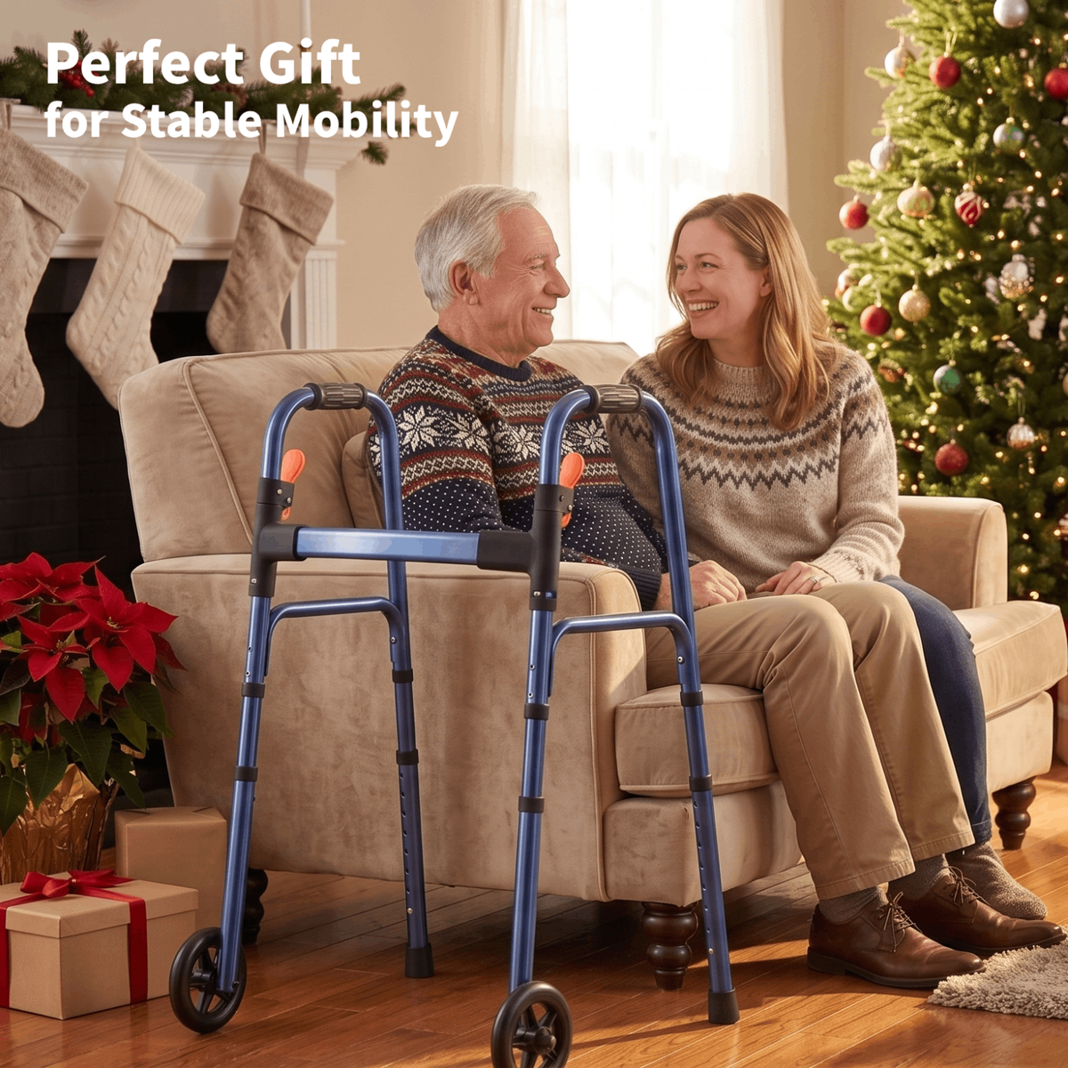 Specared Lightweight Folding Walker with One Hand Quick Fold, 8 Level Height Mobility Aid for Seniors with 300lbs Capacity, Blue