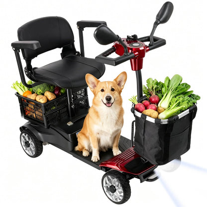 Specared 4 Wheel Mobility Scooter, Dual Baskets, 15 Miles Range, LED Headlight, 330 lb Capacity Foldable Electric Scooter, Red