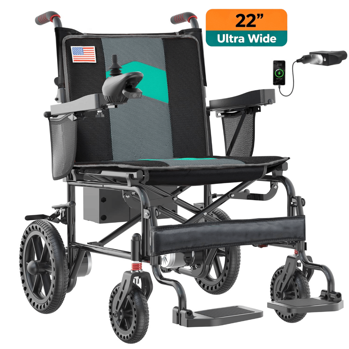 Specared 22'' Widest Seat Electric Wheelchairs, 500W Motor All Terrain Power Wheelchair, Foldable Lightweight 350 lb Support, Blue