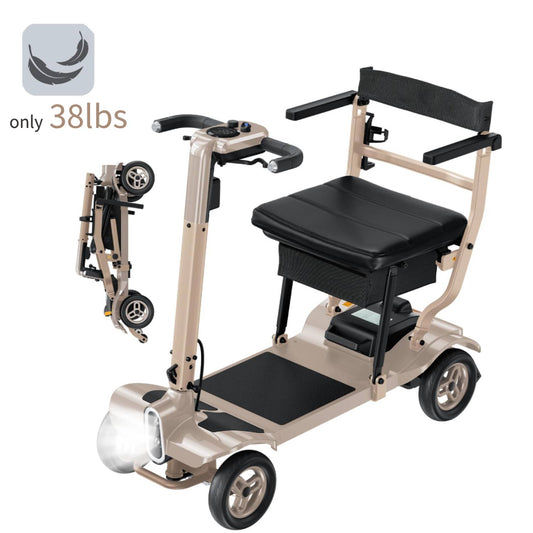 Specared Mobility Scooter, 38LB Lightweight, Auto Headlights, Reverse Taillights, Airline, Cruise Approved Portable Scooter, 300LBS Capacity, Gold
