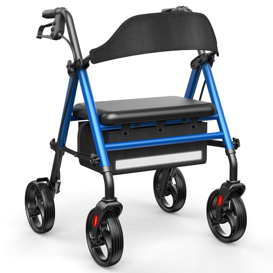 Specared All Terrain Rollator Walker with Seat for Seniors, 350lbs Heavy Duty Rolling Walker, 8" Wheels Storage Bag, Blue