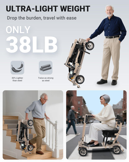 Specared Mobility Scooter, 38LB Lightweight, Auto Headlights, Reverse Taillights, Airline, Cruise Approved Portable Scooter, 300LBS Capacity, Gold