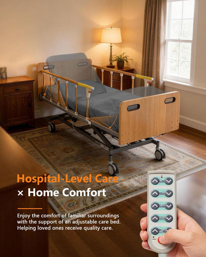 Specared Electric Hospital Bed for Home Use, 5-Function Dewert Motor Ultra-Low Height Home Care Bed with Mattress, Overbed Table & Foldable Rails, Max 530lb