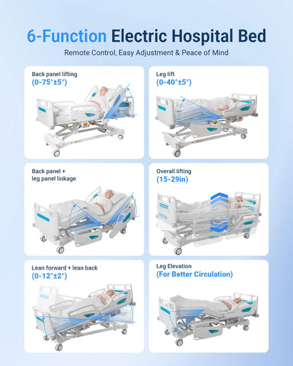 Specared 6-Function Electric Hospital Bed with Quiet Timotion Motor & CPR Release, Adjustable Home Care Medical Bed with Mattress IV Pole, Max 550lbs