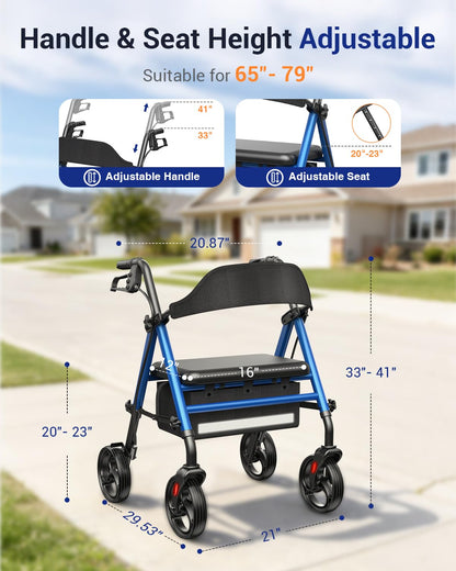 Specared Folding Rollator Walker with Seat, 16" Wide Seat 33"-41" Adjustable Height Lightweight Walkers, 350lbs Heavy Duty, Blue