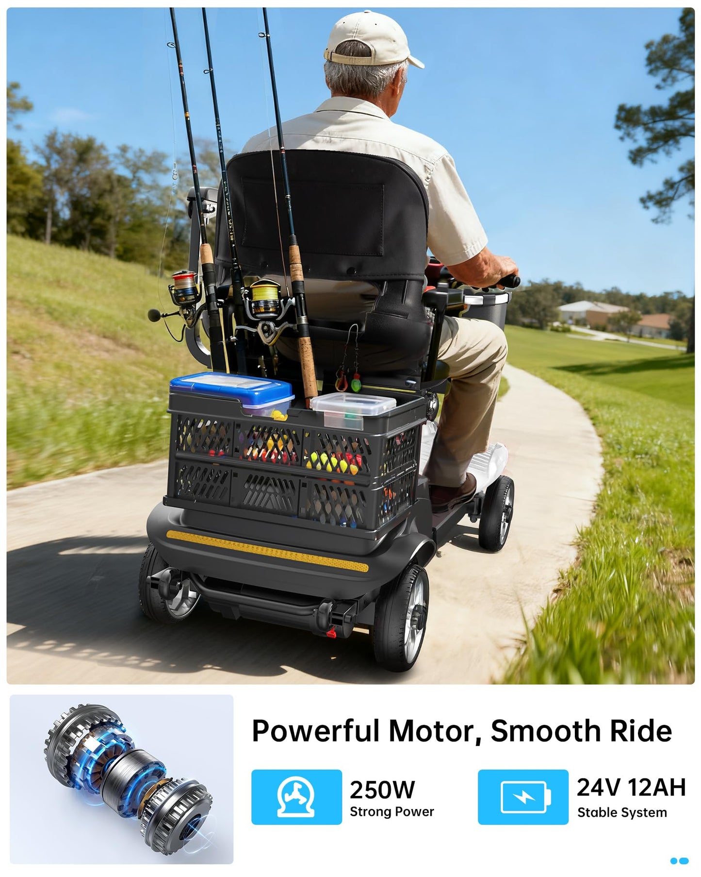 Specared 4 Wheel Mobility Scooter, Dual Baskets, 15 Miles Range, LED Headlight, 330 lb Capacity Foldable Electric Scooter, White