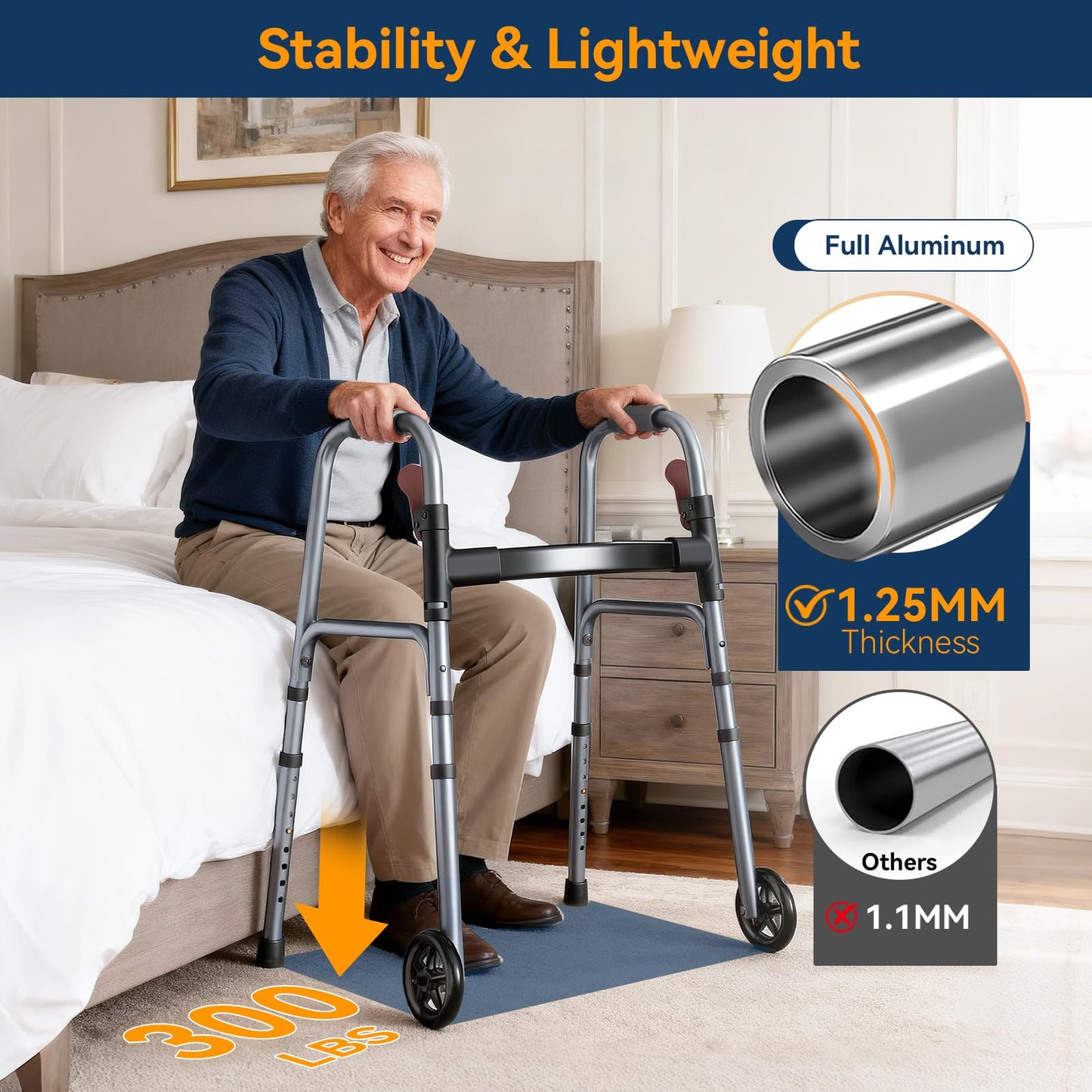 Specared Folding Walker for Seniors, Lightweight Rolling Walker with 8 Height Adjustments, One-Hand Folding, 300lbs Capacity for Elderly Adults and Handicap, Gray
