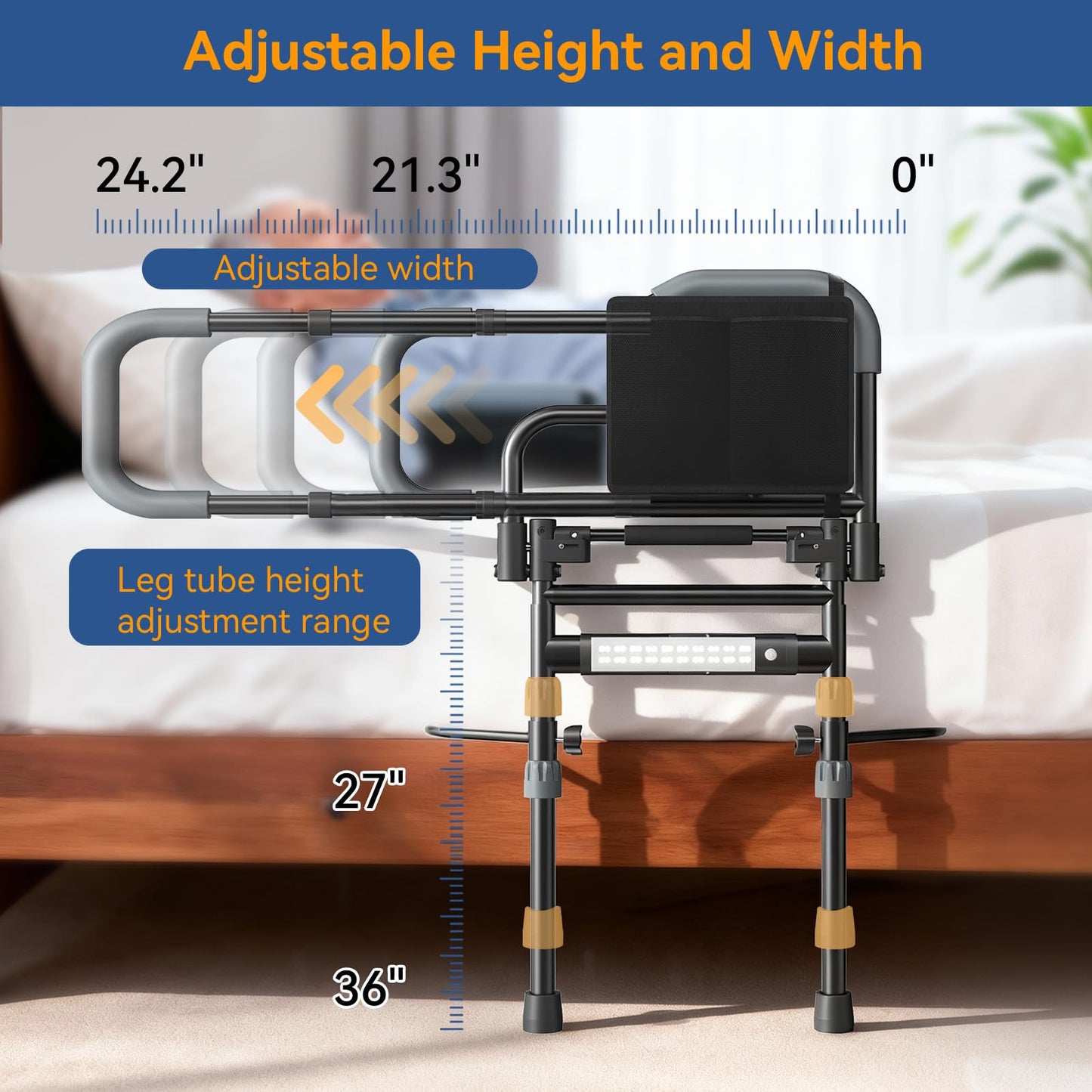 Specared Bed Rails for Elderly Safety, 180° One-Hand Folding Bed Assist Rails for Seniors with Sensor Light & Storage Pocket, Adjustable Height